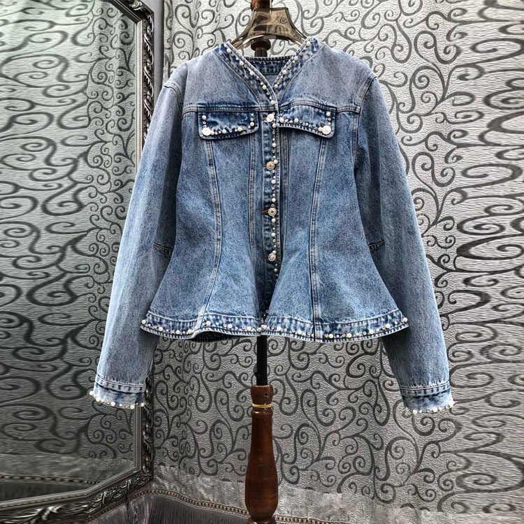 初溯家2026早春新款欧货女装钉珠镶边小V领收腰A字摆牛仔外套上衣