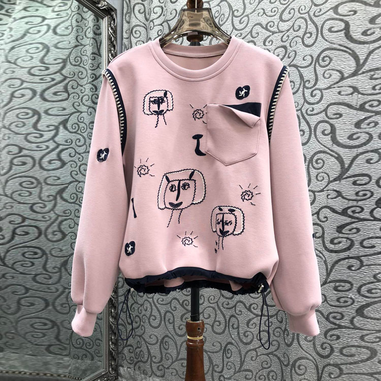 初溯2025秋冬新款欧货女装卡通刺绣拼色下摆抽绳圆领套头休闲卫衣