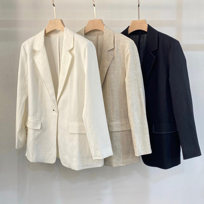 初溯家2026春夏新款欧货女装老钱风明线边一粒扣天丝亚麻西装外套
