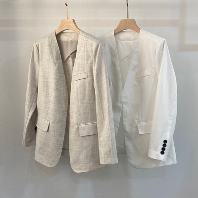初溯家 2026春季新款欧货女装简约法式V领天丝亚麻气质西装外套