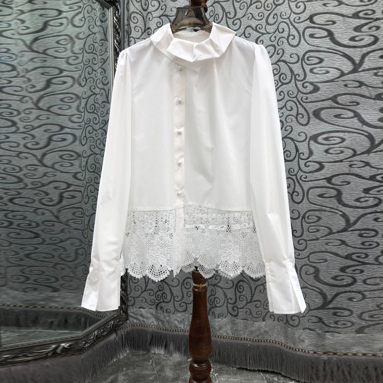 初溯家2026春季新款欧货蕾丝拼接立领衬衫女长袖镂空钩花下摆上衣