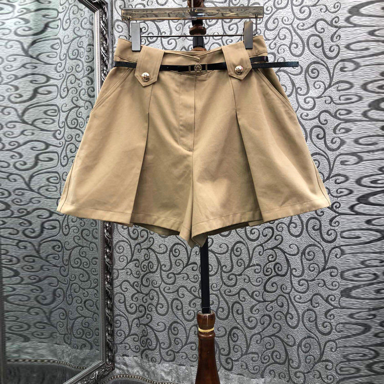 初溯家2026夏季新款欧货时尚卡其色高腰短裤女压褶设计皮带阔腿裤
