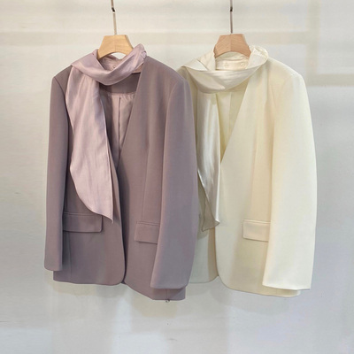 初家2026春季新款欧货女装丝巾无领天丝羊毛西装外套简约挺阔百搭