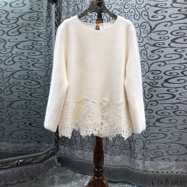 初溯家2025新款欧货女装下摆刺绣水溶花朵拼接后背蝴蝶结针织毛衣