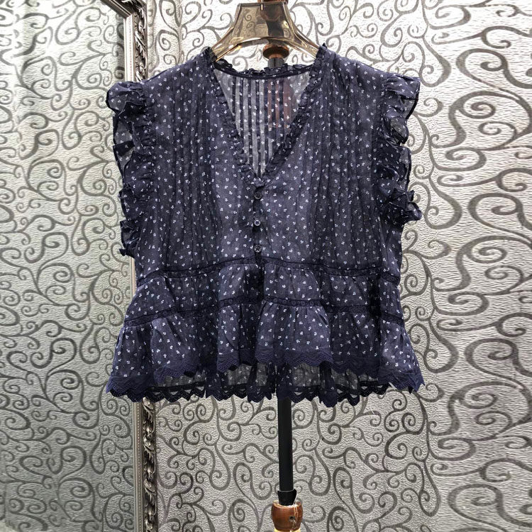 初家2026夏季新款欧货小碎花V领荷叶边小飞袖轻薄微透短款上衣女