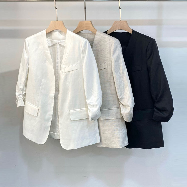 初溯2026春夏季新款欧货 天丝亚麻V领中袖西装外套女气质显瘦西服