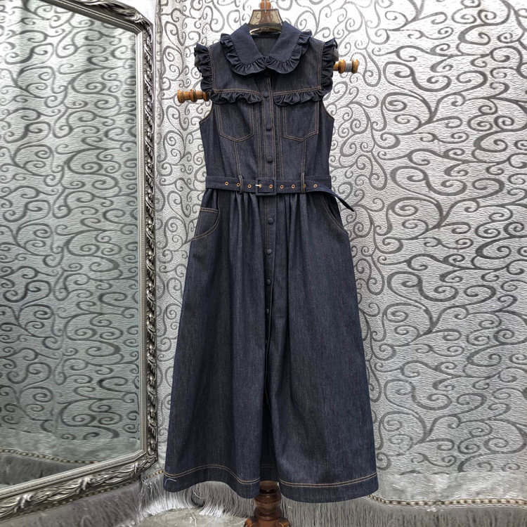 初溯家2026春夏新款欧货复古荷叶领无袖牛仔连衣裙女收腰显瘦长裙