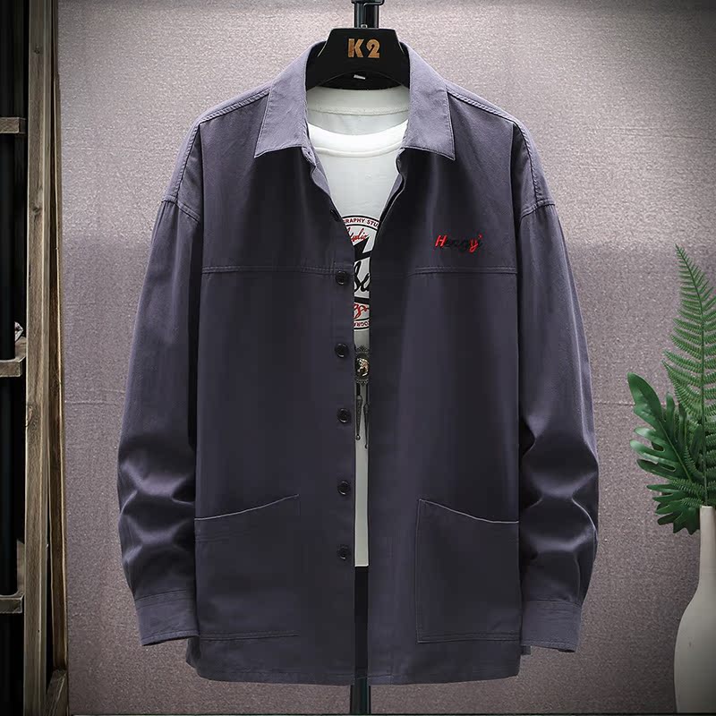 Shirt men's embroidered autumn Hong Kong style long sleeve work clothes shirt men's loose coat