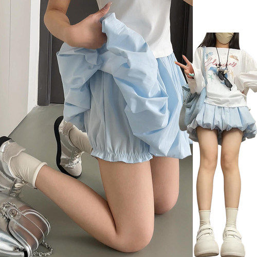 韩系小清新蓝色蛋糕裙女夏季2026新款显瘦宽松百搭高腰花苞短裙裤