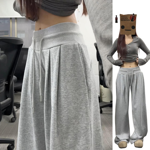 浅灰色松弛感美式运动卫裤女春秋2026新款显瘦宽松辣妹抽绳运动裤