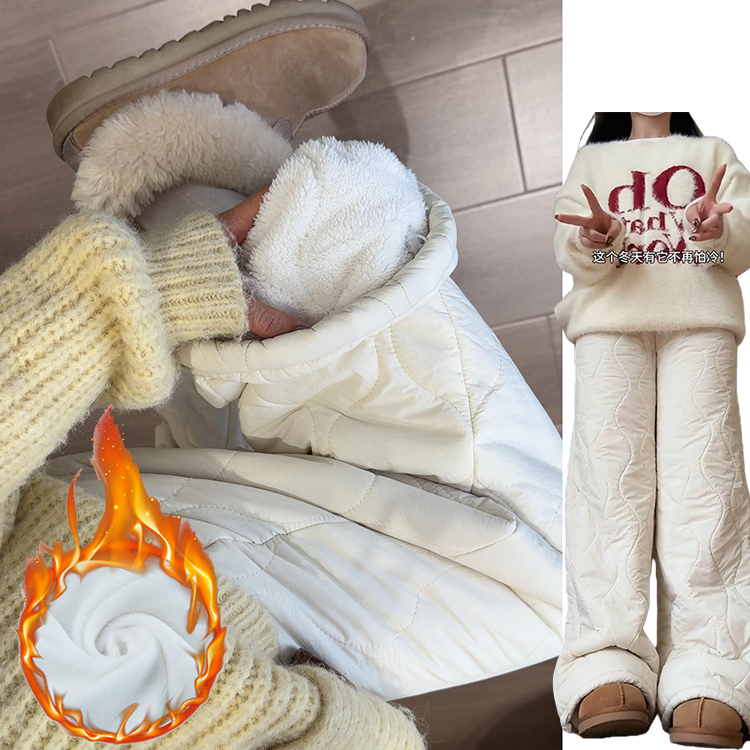 米杏色加绒韩系直筒裤女秋冬2025新款加厚垂坠感高腰显瘦两穿棉裤