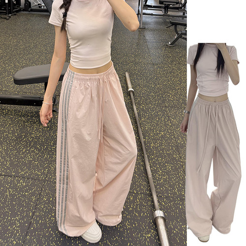 粉色速干运动裤女夏季薄款2026新款百搭休闲裤撞色条纹束脚阔腿裤