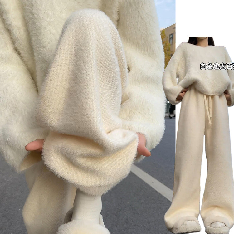 米白色针织加绒糯米裤女秋冬季2025新款软糯加厚垂感显瘦休闲长裤