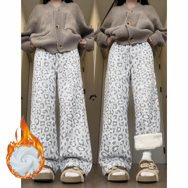 韩系复古针织加绒豹纹裤女秋冬季2025新款慵懒加厚软糯休闲糯米裤