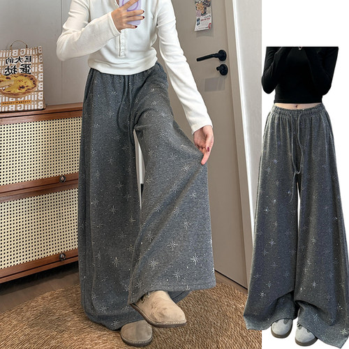 灰色烫钻软糯休闲糯米裤女早秋2026新款宽松显瘦小个子韩系阔腿裤