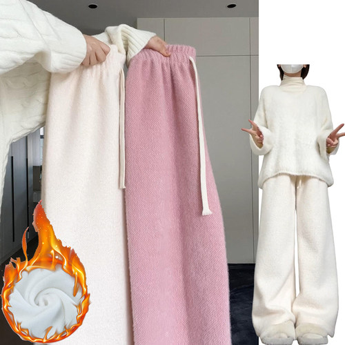 秋冬季水貂绒加厚针织裤女2024新款软糯休闲裤垂感休闲加绒阔腿裤