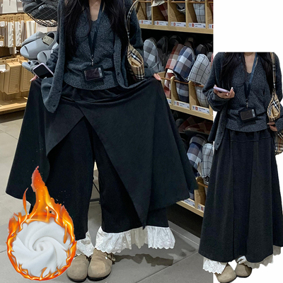 灰色加绒蕾丝花边裙裤女秋冬季2025新款显瘦宽松加厚保暖半身裙裤
