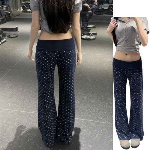 韩系复古藏青色波点微喇裤女夏季2026新款显瘦宽松小个子阔腿卫裤