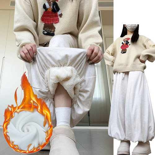 韩系温柔风软糯花苞裙裤女秋冬2025新款加绒加厚米杏色高腰花苞裤