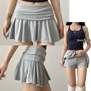 2026新款 荷叶边翻腰短裙女夏季 松弛感慵懒百搭灰色网球裙 时尚 美式