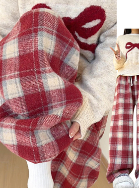 复古慵懒风圣诞红毛呢格子裤女秋冬2024新款小个子垂感显瘦拖地裤