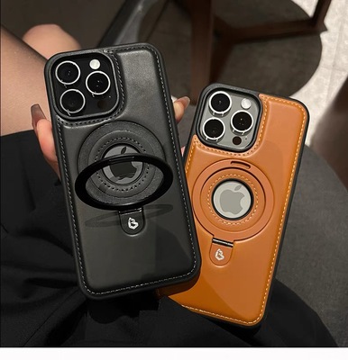 高端皮质支架磁吸壳适用iphone16promax新款苹果15pro手机壳17promax男士商务13pro高级感14全包防摔12支点壳