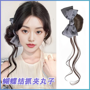 留发过渡期假发女抓夹式蝴蝶结龙须丸子头假发包蓬松盘发器马尾