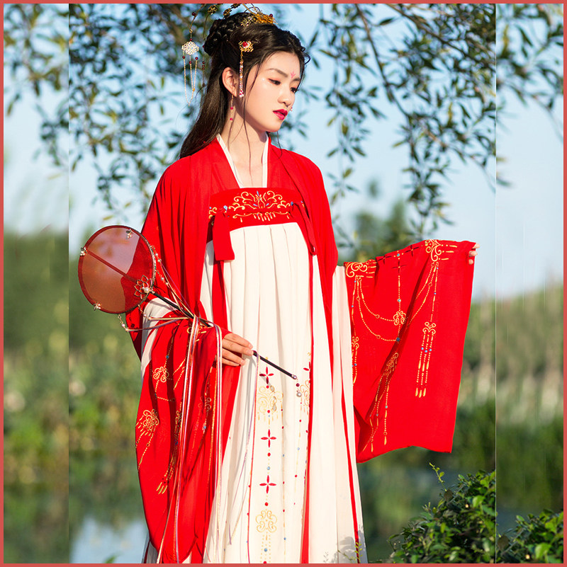 原创古风女装绣花长袖齐胸襦裙大红色大袖衫改良版汉服裙套装