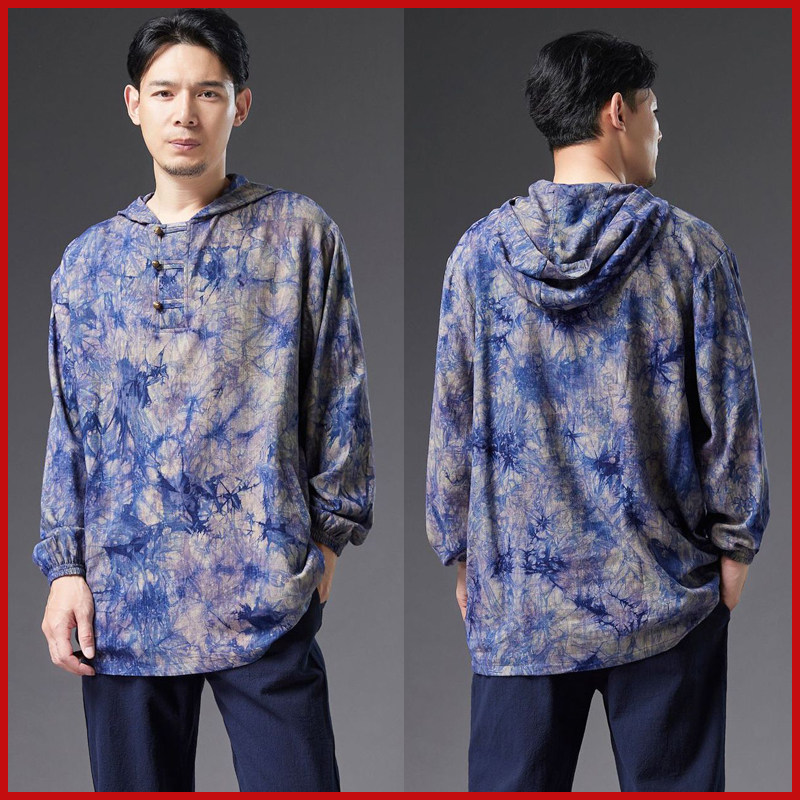 春秋新款男装抓染连帽棉麻卫衣外套时尚中国风竹节棉盘扣带帽上衣