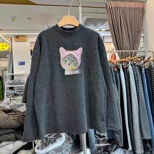 印花卡通猫加绒T恤衫 YHS壹禾色91933正版 韩版 新款 上衣女ins潮 冬季