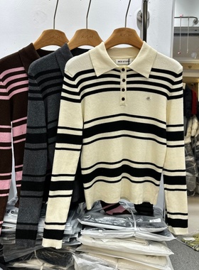 NICE奈斯8581正版冬季新款韩版半纽扣翻领撞色条纹细羊毛针织衫女