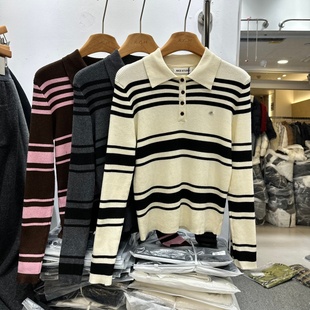 半纽扣翻领撞色条纹细羊毛针织衫 NICE奈斯8581正版 韩版 新款 女 冬季