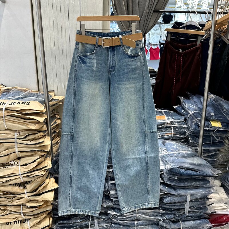 欧洲站2026年春季新款复古水洗磨破立体裁剪设计弯刀阔腿牛仔裤女