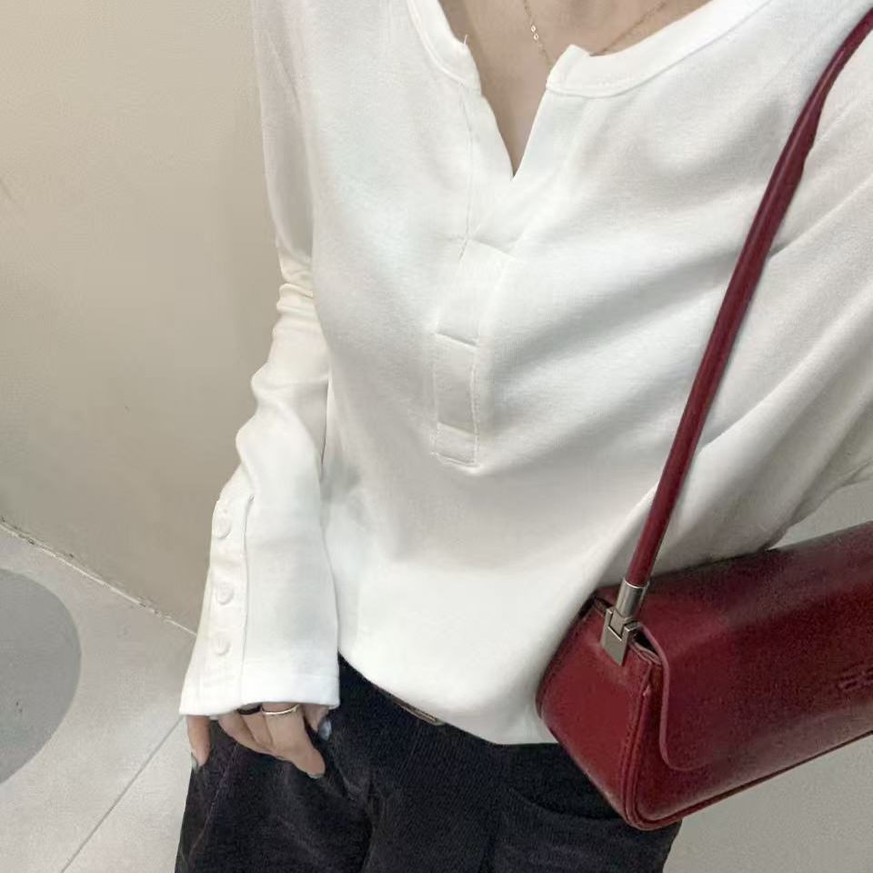 韩版袖子纽扣V领T恤衫上衣潮