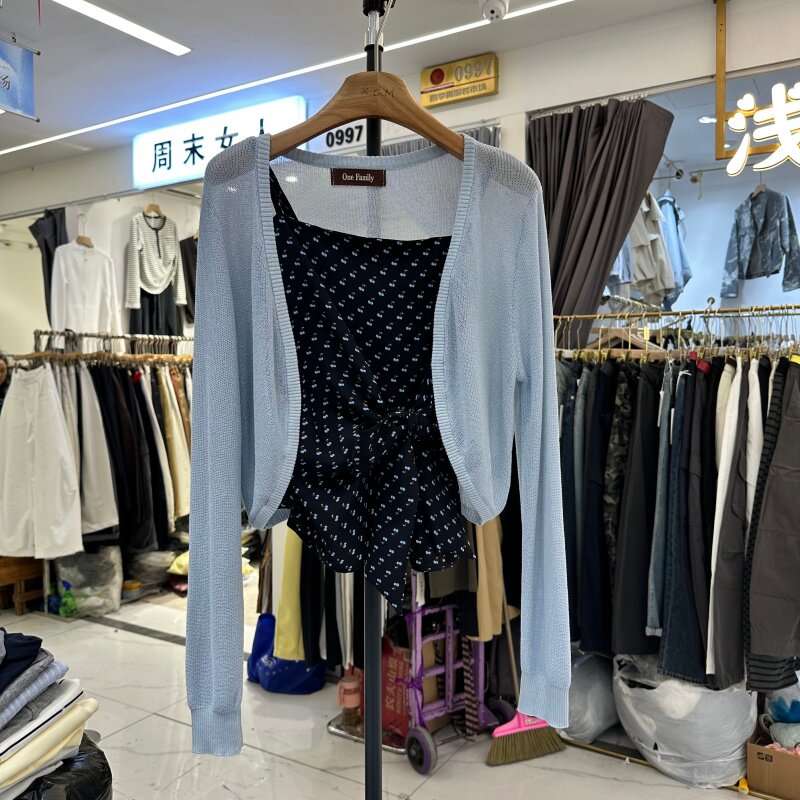 One FamiIy66018正品春新款内搭吊带背心+针织外罩衫叠穿两件套女