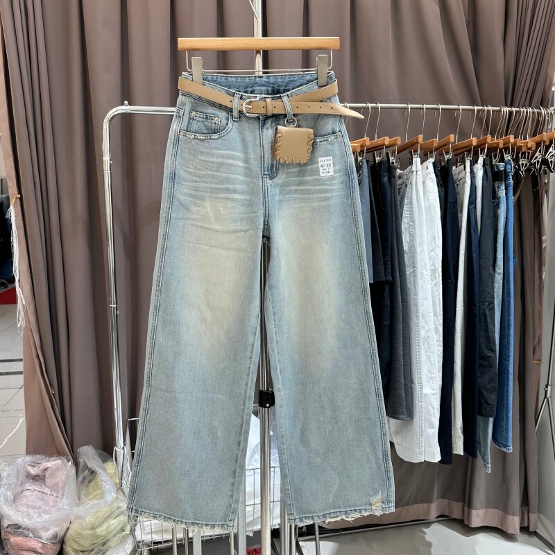欧洲站2026年春季新款复古水洗晕染宽松显瘦百搭阔腿牛仔裤女长裤