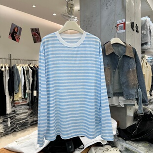 2026年春日氛围感街头穿搭韩系撞色条纹松弛感T恤衫上衣女装ins潮