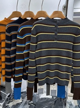 NICE奈斯8556正版冬季新款韩版半纽扣立领撞色条纹细羊毛针织衫女