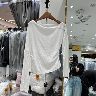 气质一字肩收腰设计感显瘦长袖 2026年春季 时尚 韩版 T恤上衣女 新款
