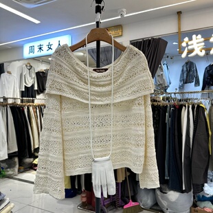 新款 春季 韩版 时尚 毛衣女 One 纯欲风一字肩针织衫 FamiIy58002正品