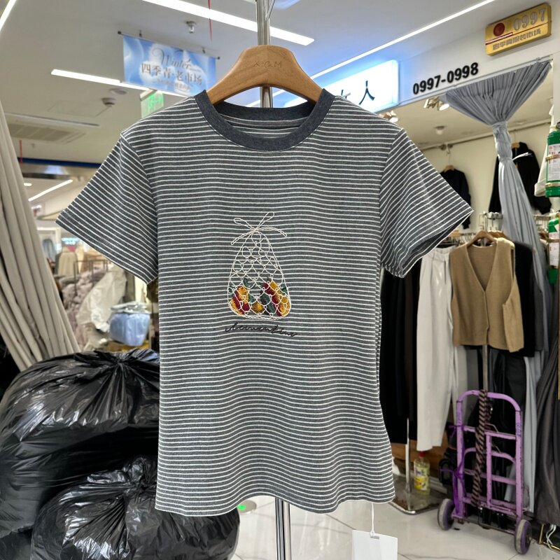 2026春夏季新款韩版重工艺刺绣宽松显瘦百搭条纹短袖T恤衫上衣女