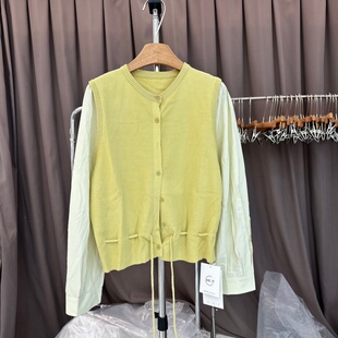 HR.77正版2026年春季新款拼接衬衫袖显瘦假两件针织小开衫上衣女