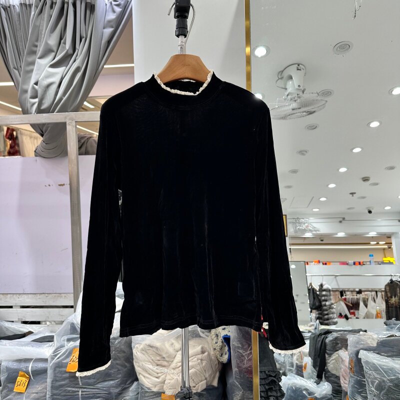 法式蕾丝花边丝绒T恤衫上衣