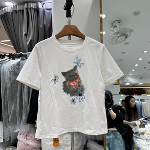印花减龄卡通猫短袖 HMY31700正品 韩版 新款 bf风休闲T恤上衣女 春季