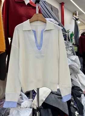 拼接条纹衬衫翻领羊毛针织衫女2025年冬装新款韩系假两件套头毛衣