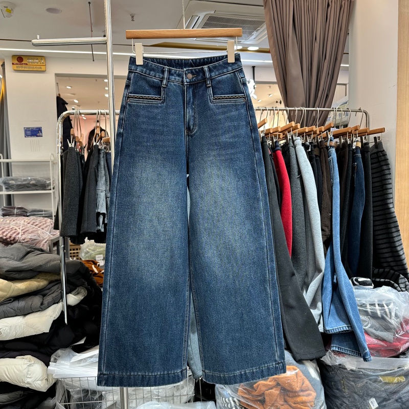 欧洲站加绒加厚阔腿牛仔裤