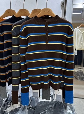 NICE奈斯8556正版冬季新款韩版立领半纽扣撞色条纹细羊毛针织衫女