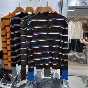 立领半纽扣撞色条纹细羊毛针织衫 NICE奈斯8556正版 韩版 新款 女 冬季