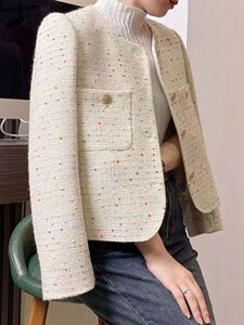 简约短款粗花呢金属纽扣小香风