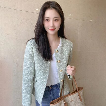 韩系法式轻奢高级感短款上衣小众女士小香风粗花呢外套2024年春季